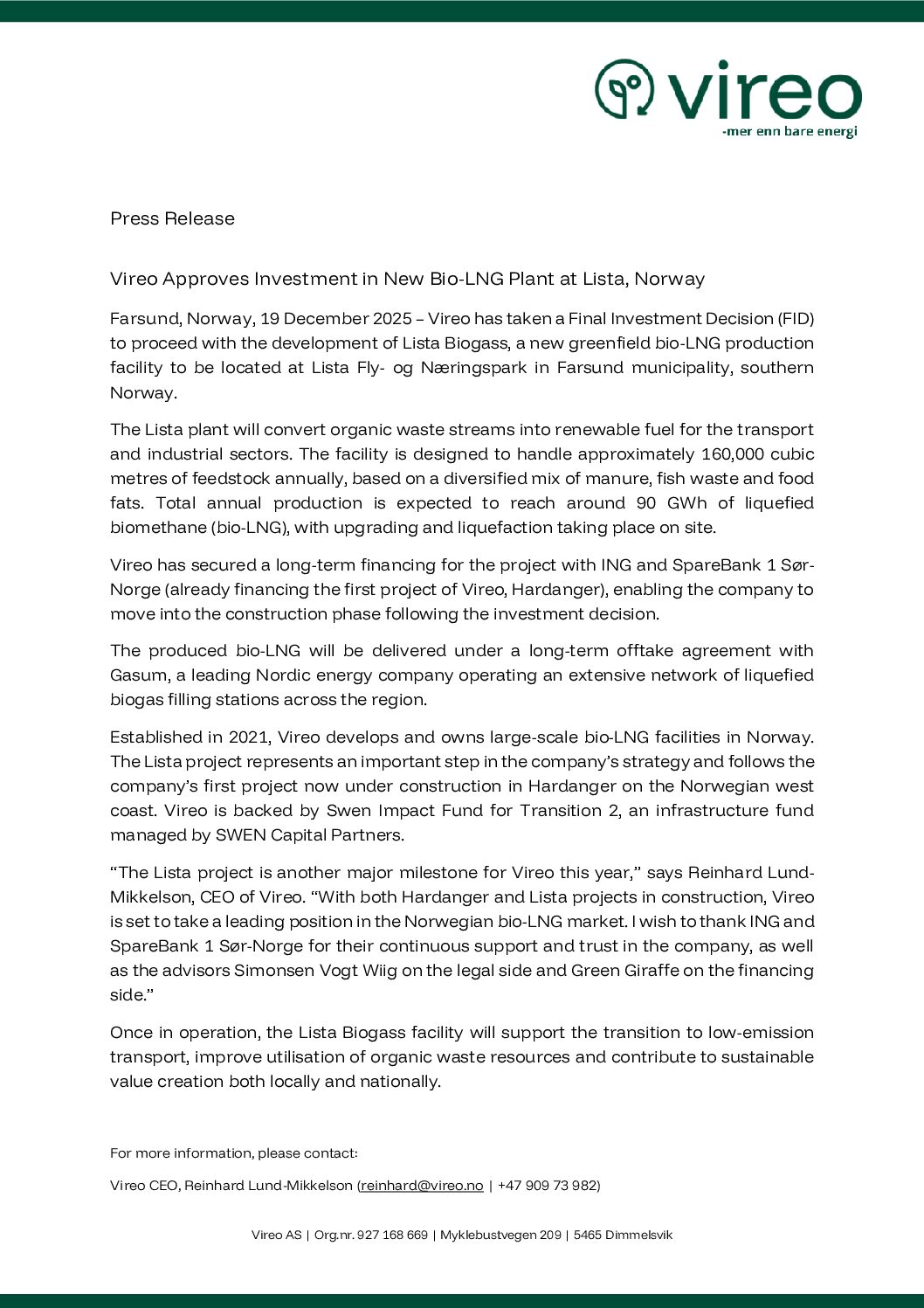 Vireo Secures Financing for Lista Biogass